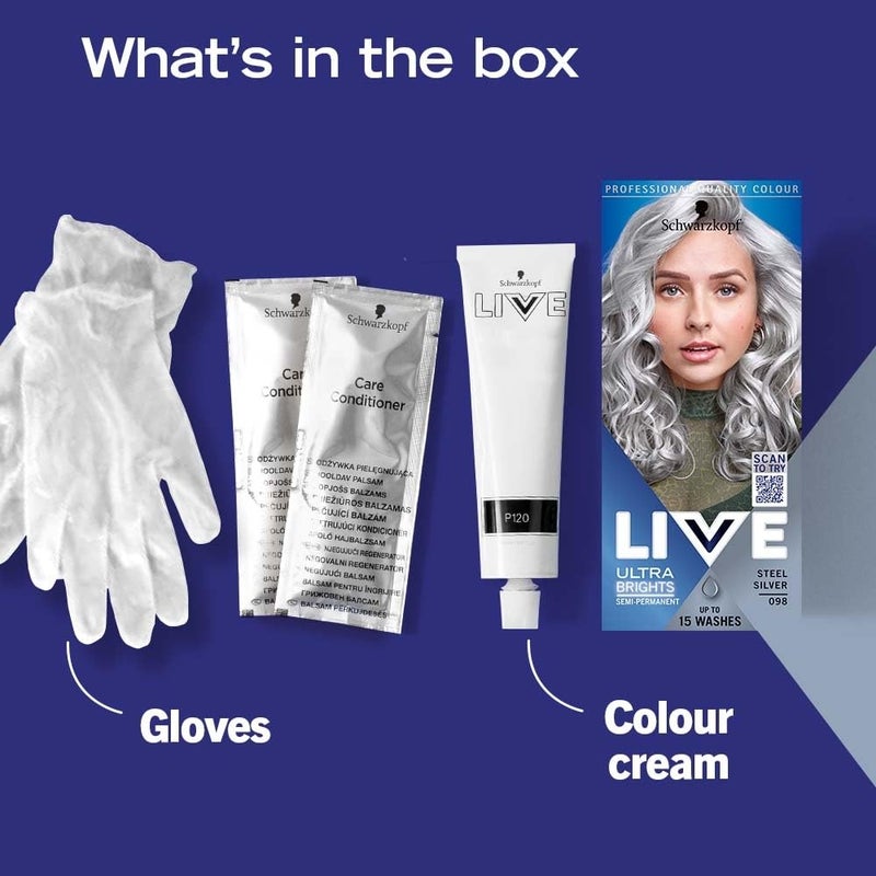 Live Schwarzkopf LIVE Ultra Bright or Pastel Grey Hair Dye, Pack of 3, Semi-Permanent Colour lasts up to 15 washes- 098 Silver Steel - Image 2